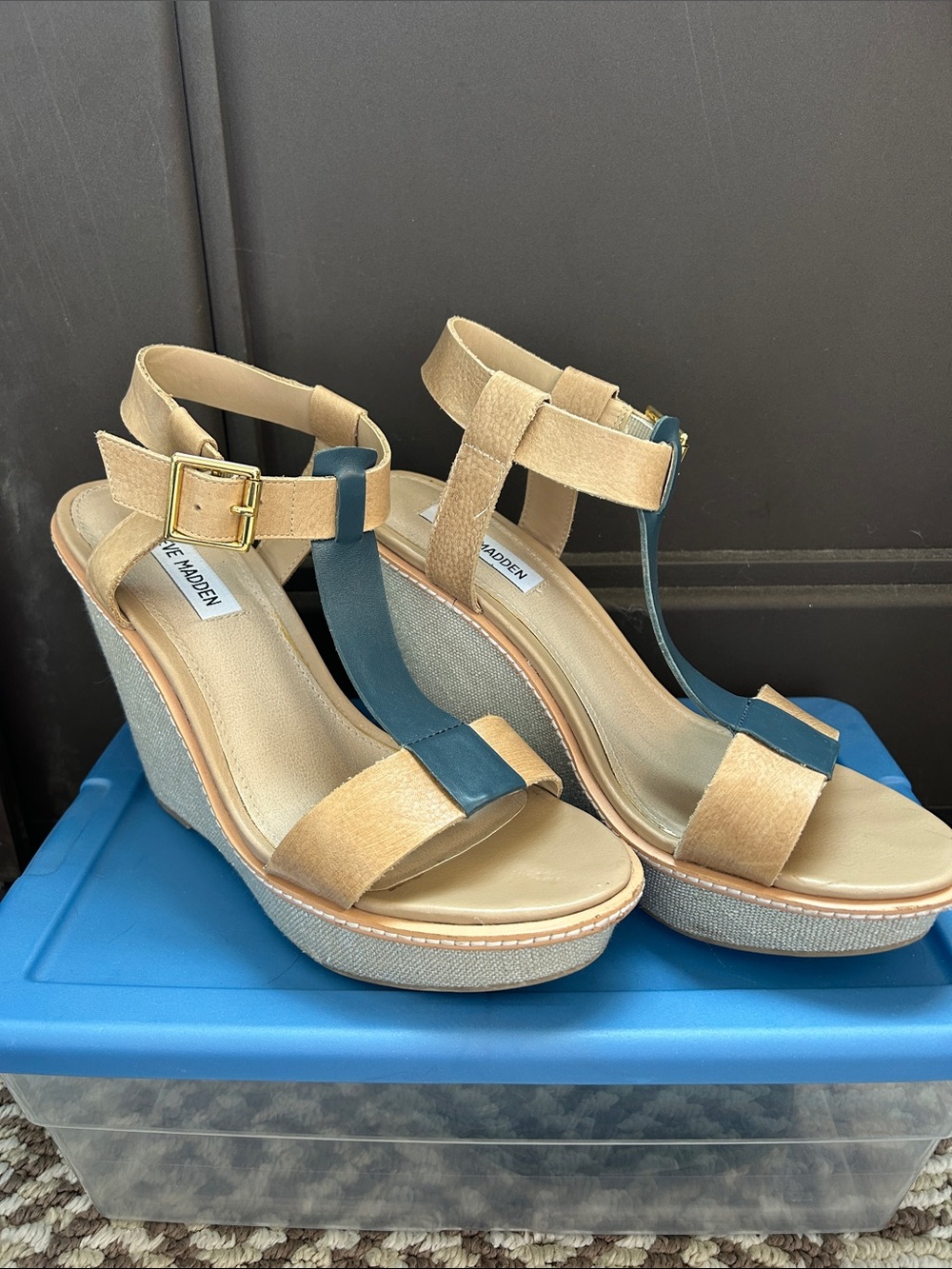 Size 8.5 Steve Madden Tan and Blue Strappy Wedge Sandals